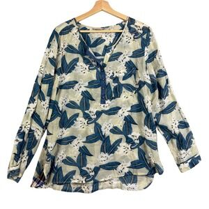 Soft Surroundings Shirt Pullover Blouse Ivory Floral‎ Y-Neck Long Sleeve Size L